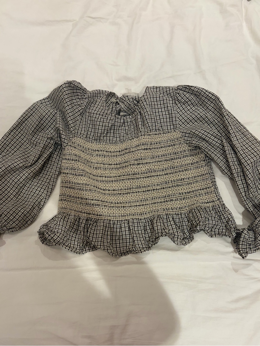 Bohme Smocked Plaid Peasant Top in Black and Cream